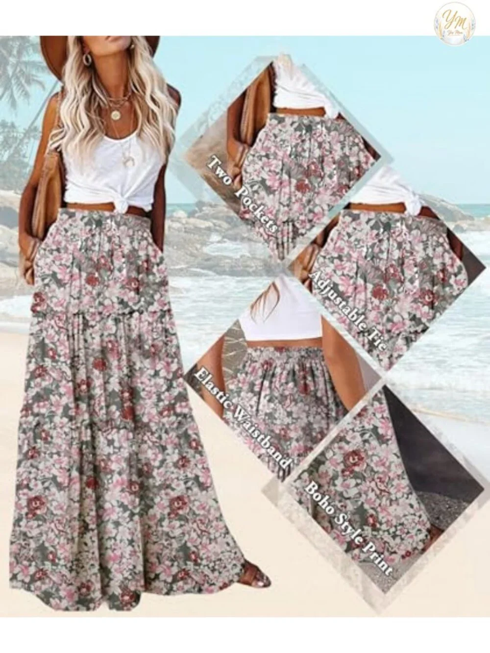 Boho High Waist Maxi Skirt with Pockets Flowy Tiered A-Line